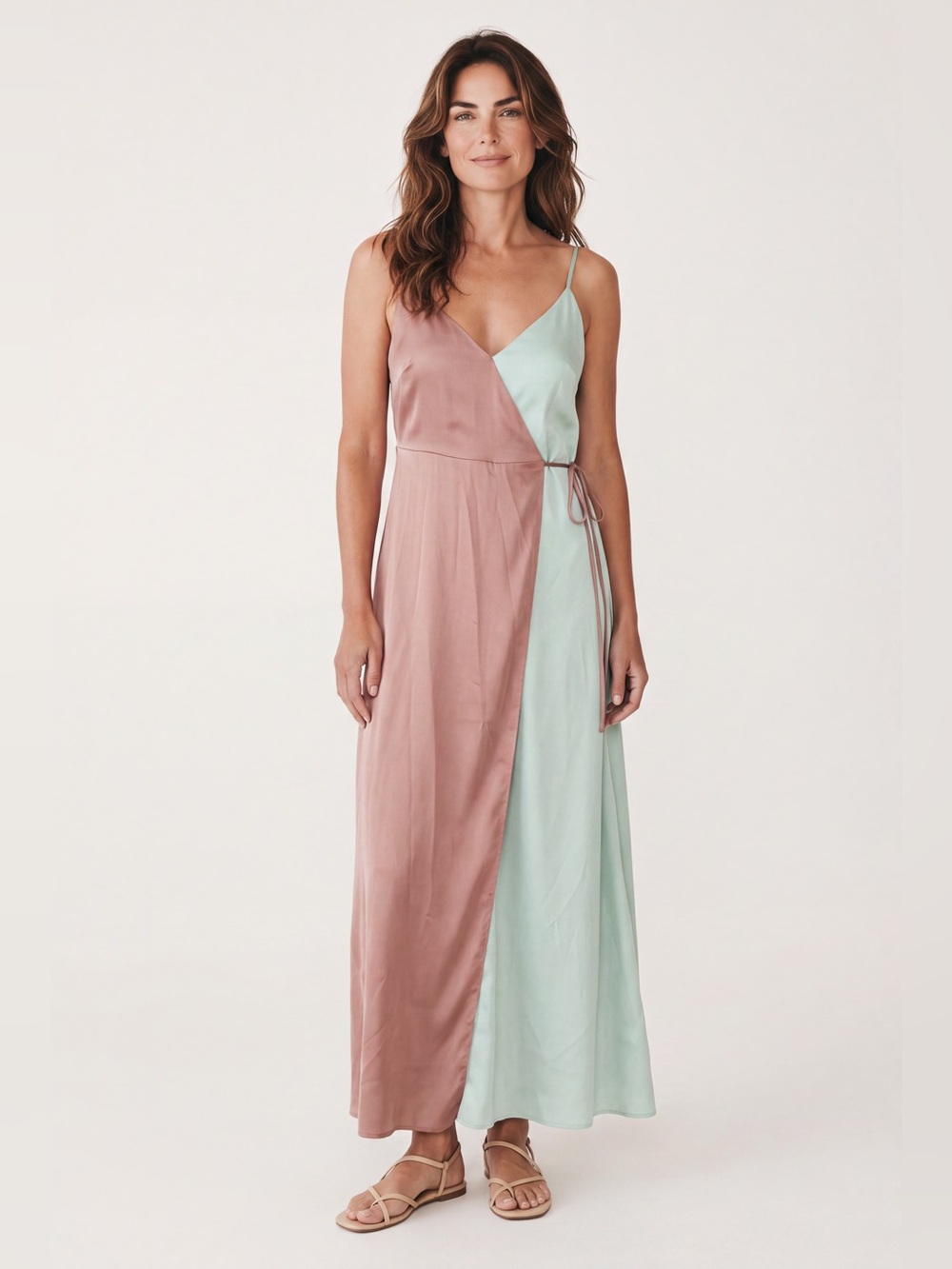 RUDSAK Two-Tone Satin Wrap Maxi Dress - Blush & Mint